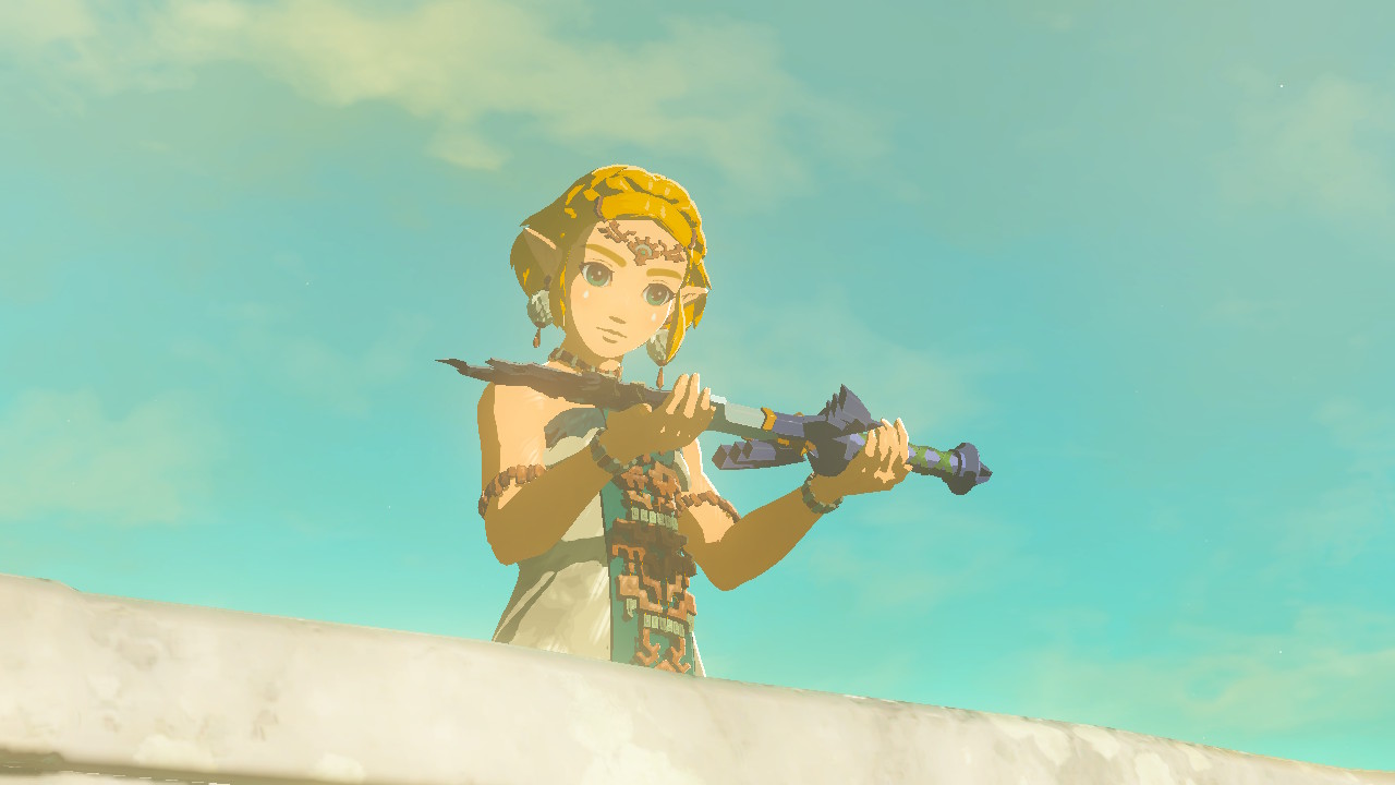 Princess Zelda holds the decayed Master Sword in her hands. You are peering up at her from a slight angle, and there is a wall in front of her at about hip-height.