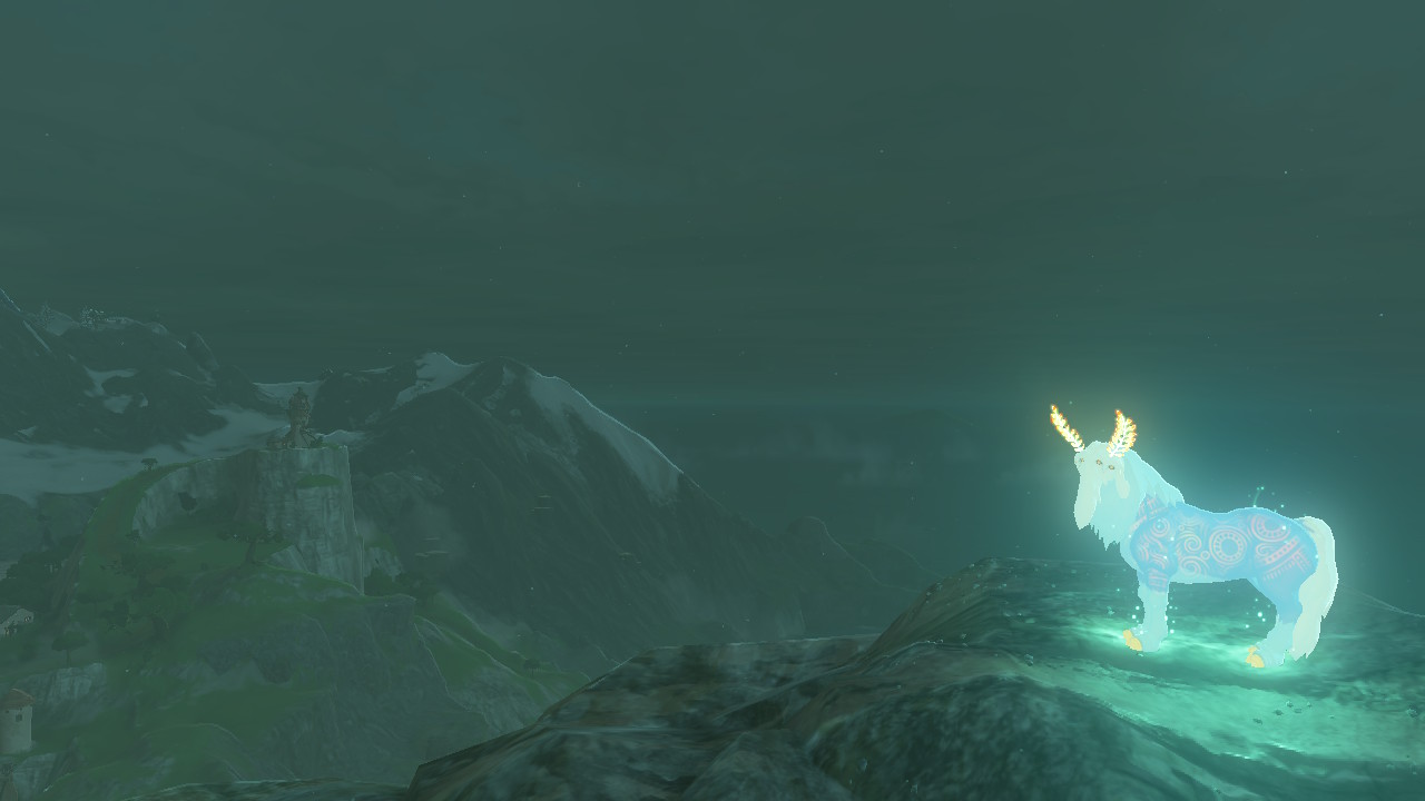 A Satori, glowing blue, stands atop a hill at night, looking out over snowy mountains and green grassy hillside.