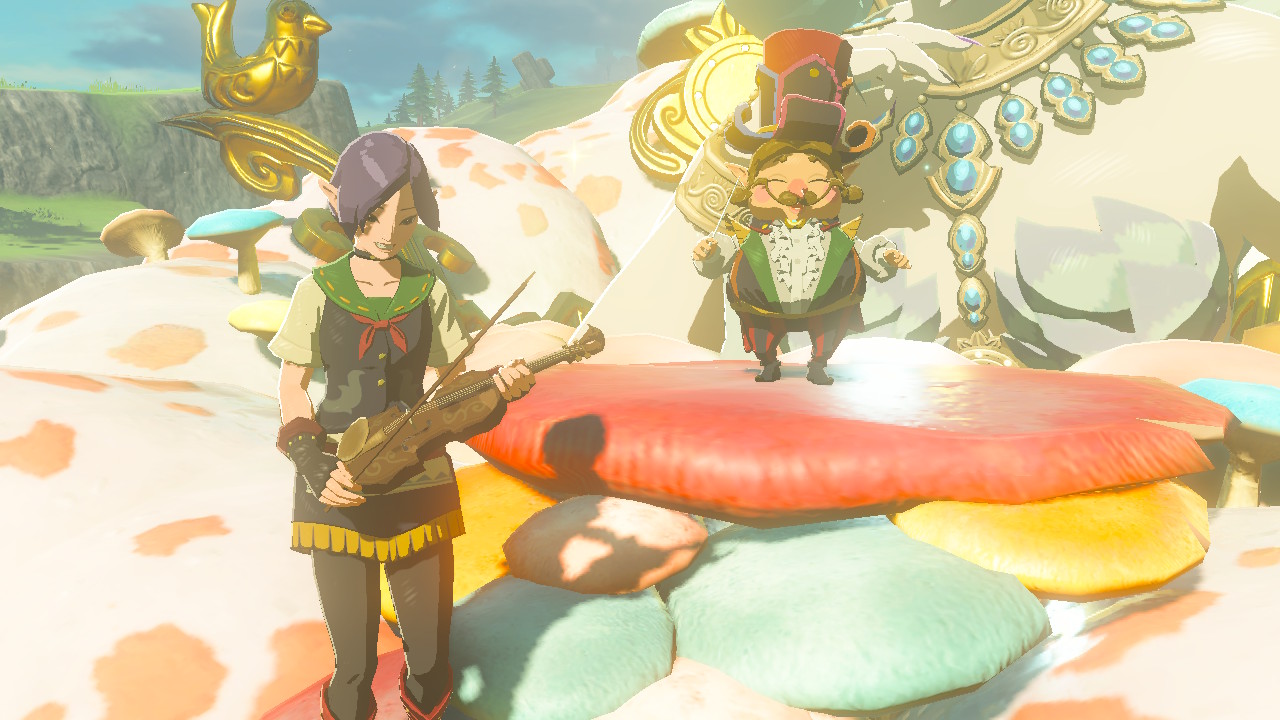 Violynne and Mastro are turned towards the player and both look happy, still standing on the Great Fairy Fountain. Violynne clutches her violin.