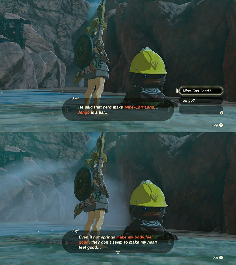 Link is talking to Axyl, a Goron Child, who is sitting sadly in the edge of a hot spring. Axyl talks about how Jengo promised to build Mine-Cart Land but hasn't done so.